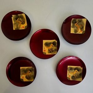 Vintage 5 Japanese Lacquered Wooden Tea Plates set, Gold Red MAKIE, CRANE 5"